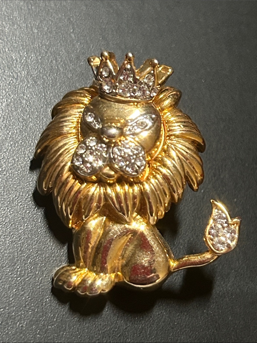 Vintage Gold Lion Brooch with Crown and Rhinestones